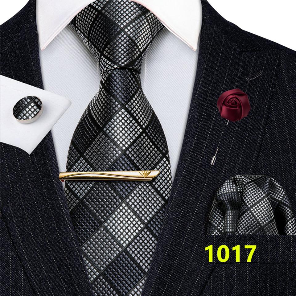 Modische Herren-Krawatte mit Krawattenstangen, 7 Stile, Seidenkrawatte, Einstecktuch, Manschettenknöpfe, Boutonniere-Set