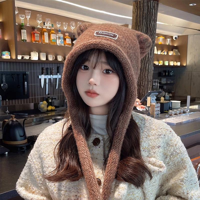 

Autumn And Winter Woolen Cute Bear Ear Hat For Women Outdoor Warm Cold-Proof Sweet Knitted Hat коричневый