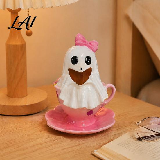 Unique Halloween Gift for Girls Reading Ghost Figurine Pink Teacup Statue Resin Small Spooky Ornament Women Sculpture Home Office Party Desktop