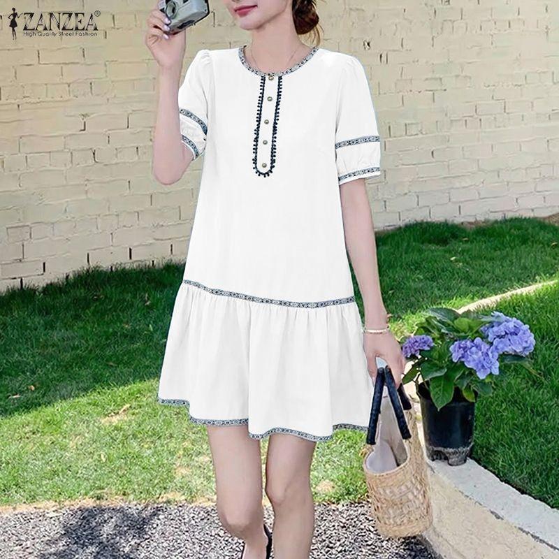 ZANZEA Kadın Rahat Yuvarlak Yaka Yaz Kısa Kollu Elbise