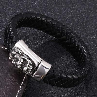 Fashion Men Jewelry Black Leather Bracelet Charm Dragon Head Stainless Steel Buckle Bracelet Male Punk Jewelry