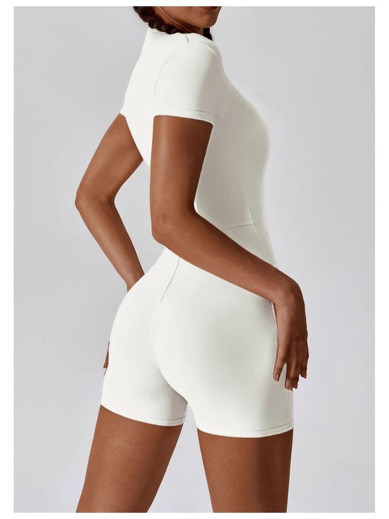 Women's Summer Zipper Short Sleeve Yoga Bodysuit Jumpsuit
