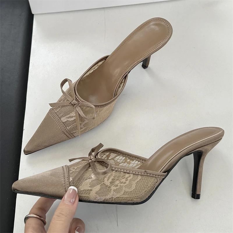 Fashion Eilyken Elegant Mesh Fabric Butterfly-knot Pointed Toe Slippers Women Sexy Thin Heels Party Prom Mule Shoes