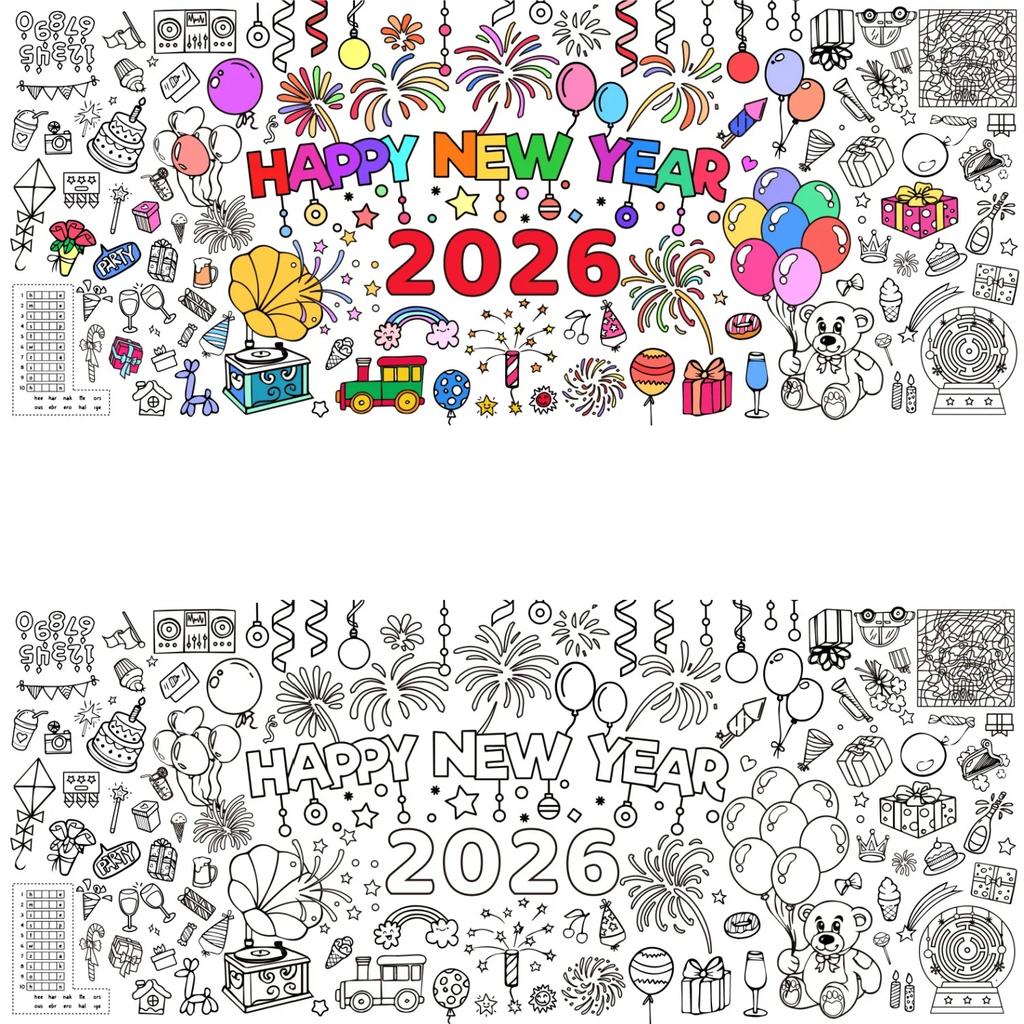 Ogromny Plakat do Kolorowania Szczęśliwego Nowego Roku dla Dzieci 2026 Sylwester Ogromny Obrus do Kolorowania Duże Książki Ogromny Arkusz Strona Nakrycie Stołu
