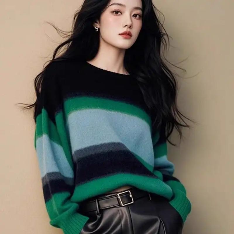 

Sweater Autumn and Winter Women s Pullover Round Neck Bottoming Shirt Contrast Striped Loose Top L зелений