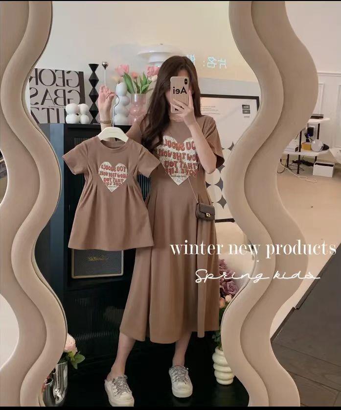 

2023 Summer Korean Style Parent-Child Love Heart Waist-Cinching Casual Dress for Mother and Daughter 140cm