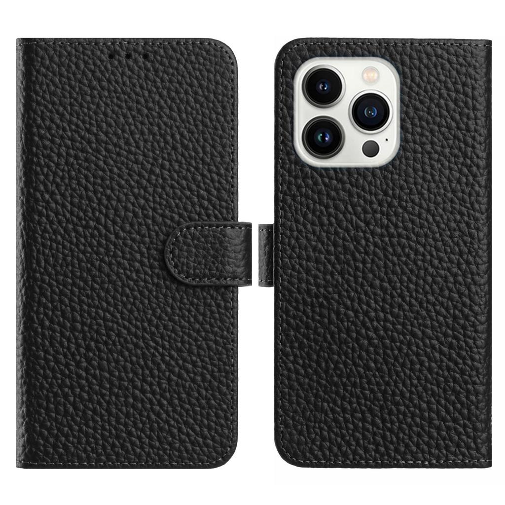 For iPhone 16 Pro Max Case Wallet Stand Litchi Texture Genuine Cow Leather Flip Phone Cover