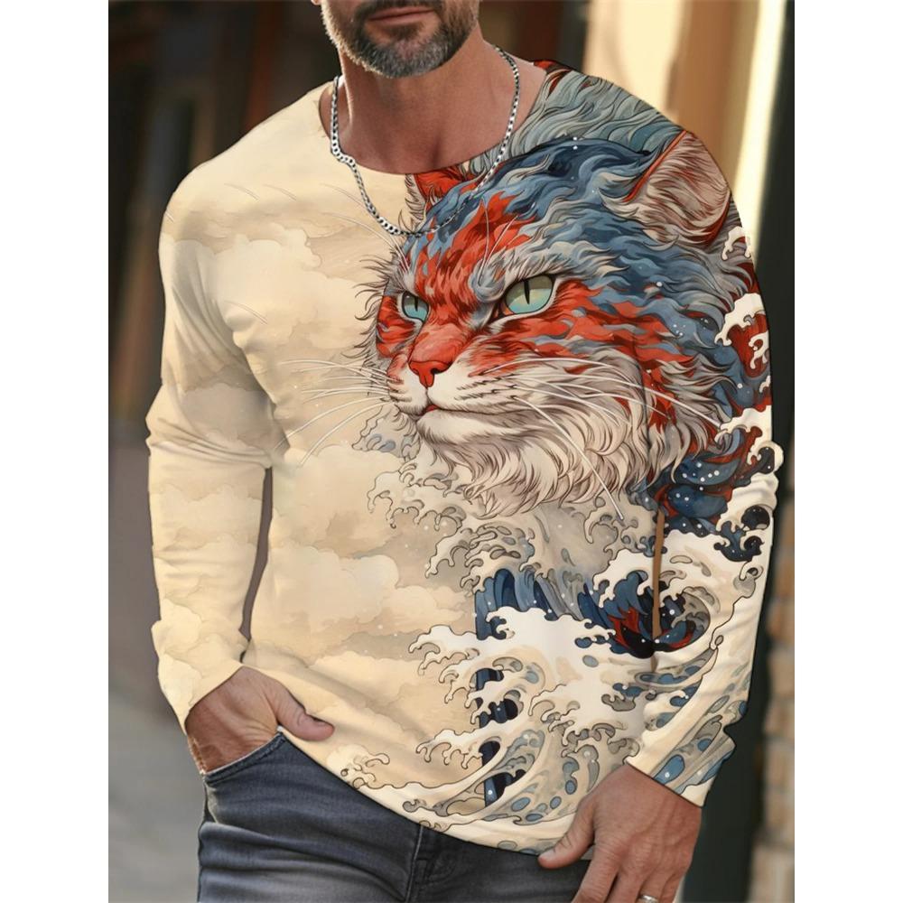 

Весенне-осенний топ с круглым вырезом и 3D-принтом в стиле укиё-э, модные повседневные мужские футболки с длинным рукавом S