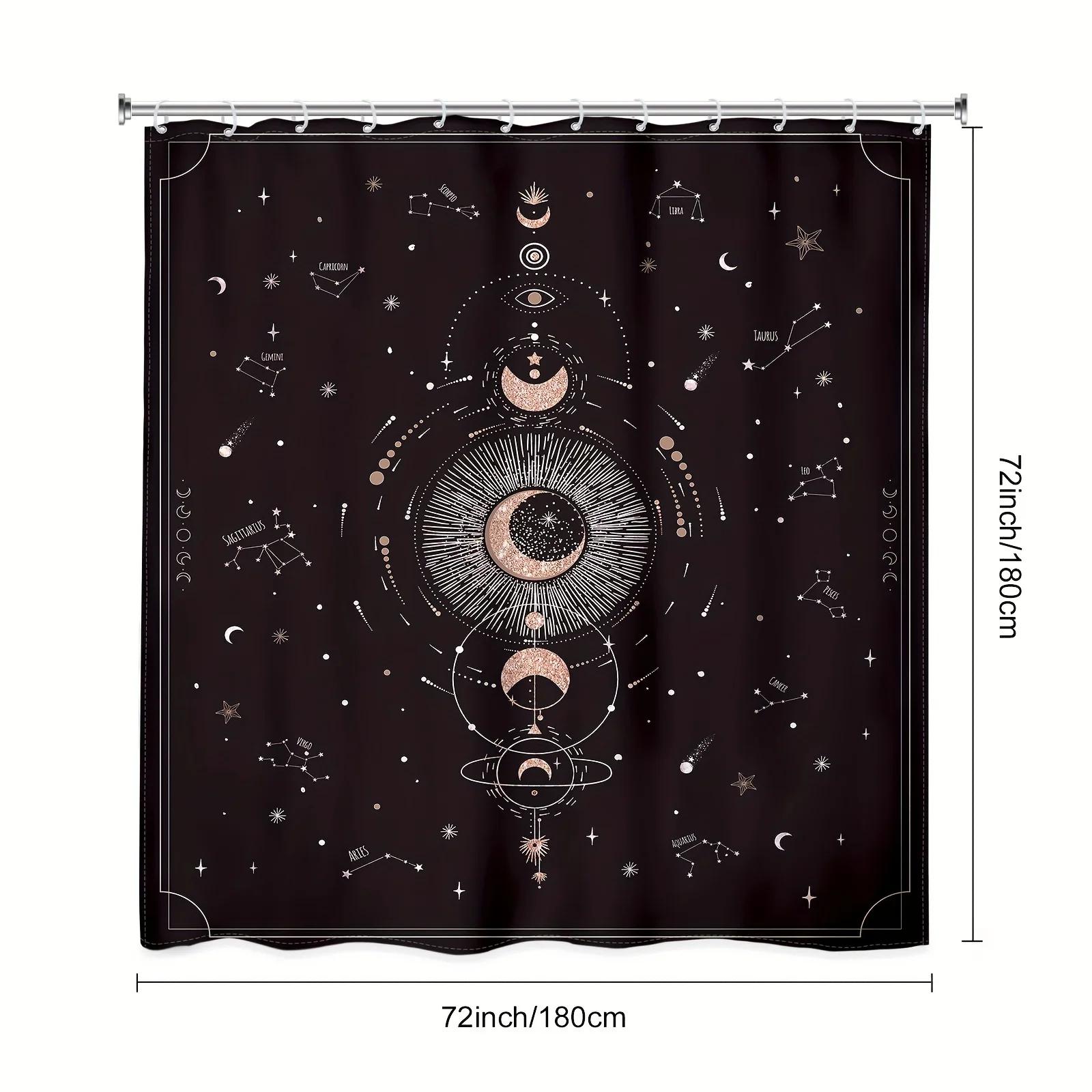 Zodiac Constellation Shower Curtain, Astrology Moon Phase Galaxy Design, Mystic Tarot Witch Aesthetic, Polyester W90xH180cm