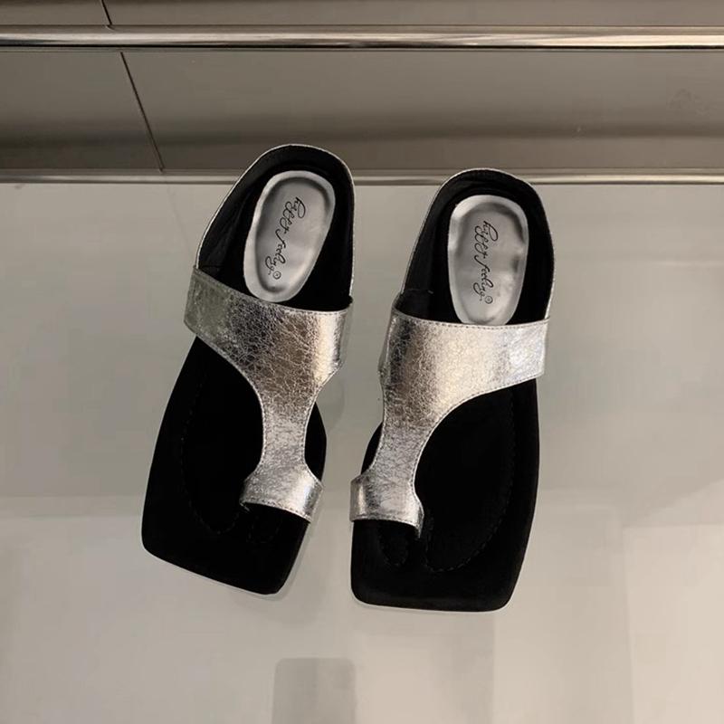 Fashion SUOJIALUN 2024 Summer New Brand Women Slipper Fashion Gold Ladies Elegant Slides Square Low Heel Dress Casual Flip Flops Shoes
