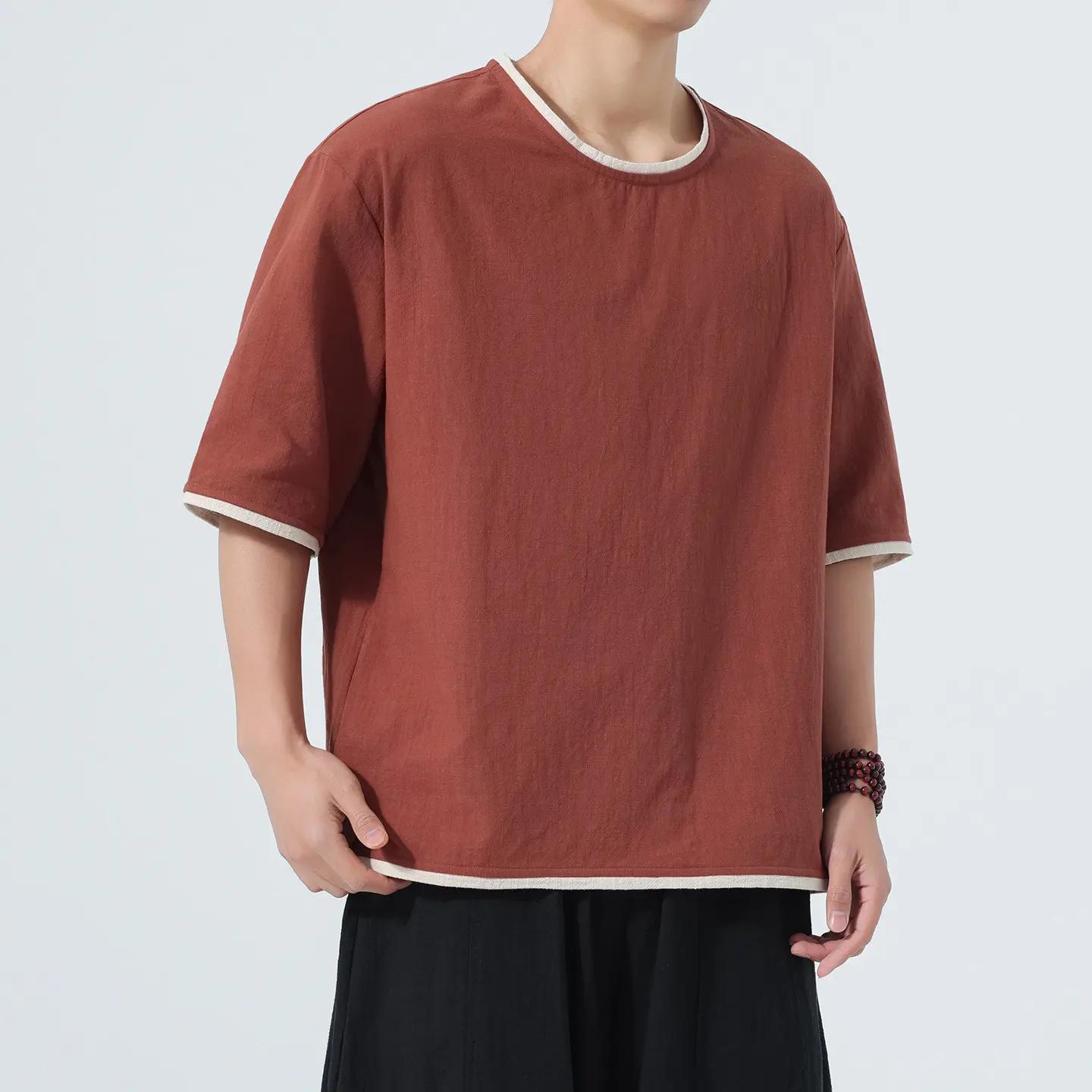 2026 Summer Men Vintage Hanfu Style T-Shirt Man Color Block Cotton Tops Tees Chinese Traditional Half Sleeve Tshirts L кофейный 2390₽