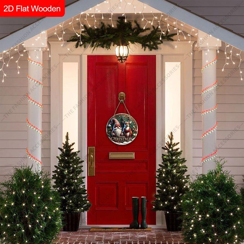 Christmas Gnome and Reindeer Merry Christmas Round Wooden Hanging Sign, 2D Flat Printed Embossed Christmas Door Wall Ornament, Xmas Home Decor Gift