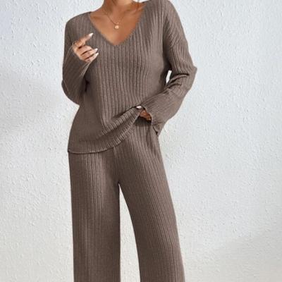 Autumn and Winter Women's Knitted Pit Stripe Milled Long Sleeve Suit V-Neck Loose Casual Pant Suit