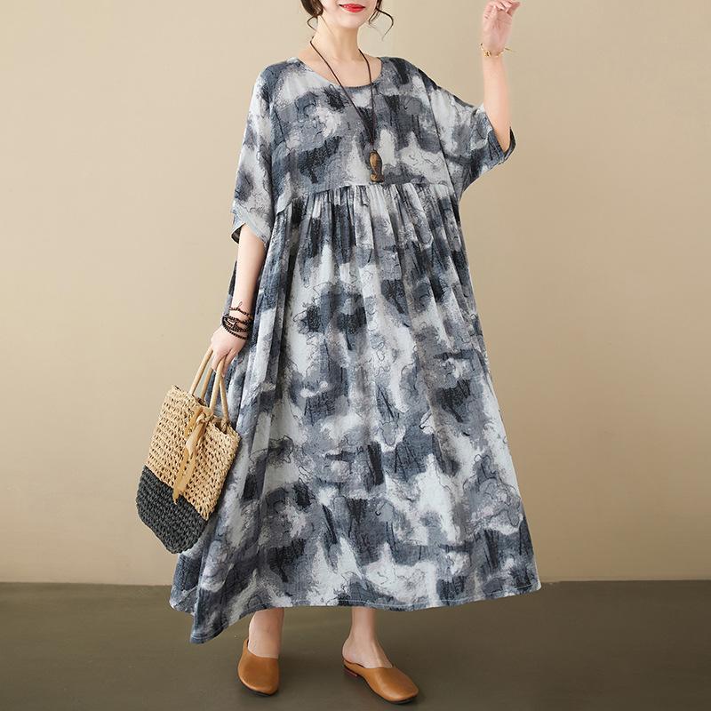 Summer New Loose Big Yards Retro Ethnic Style Cotton and Linen Ink Printing Short-sleeved Dress Women's Round Neck Long Skirt