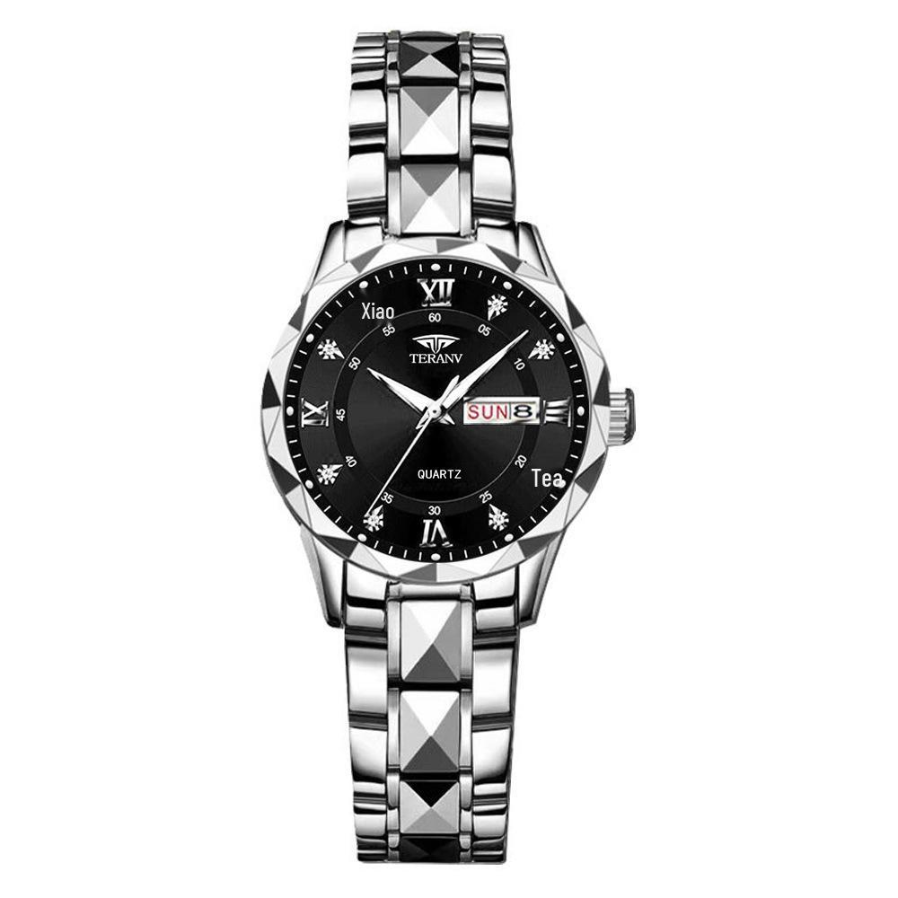Women's Luminous Diamond Pattern Waterproof Quartz Watch with Double Calendar and Solid Band.