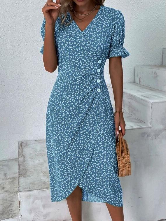 2026 Summer V-Neck Asymmetrical Puff Sleeve Dress with Decorative Buttons XL
