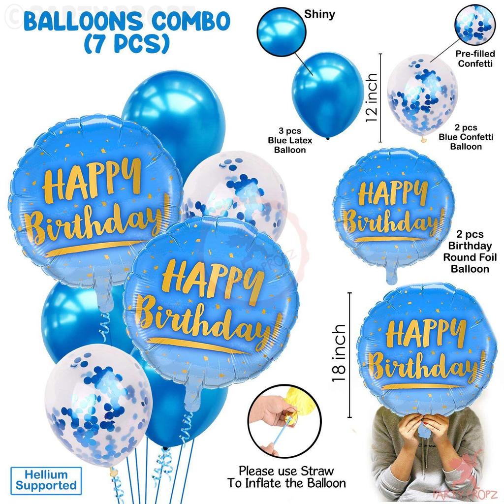 Foil Happy Birthday Printed Balloons Combo Set for Boys Birthday decoration/Birthday Supplies for Boys - 7 Pieces - Blue