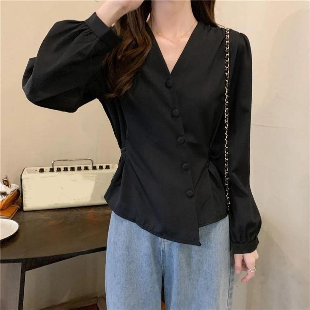 V-neck Long Sleeve Shirts Slim Fit Button Up Blouse Chic Office Ladies Tops Office