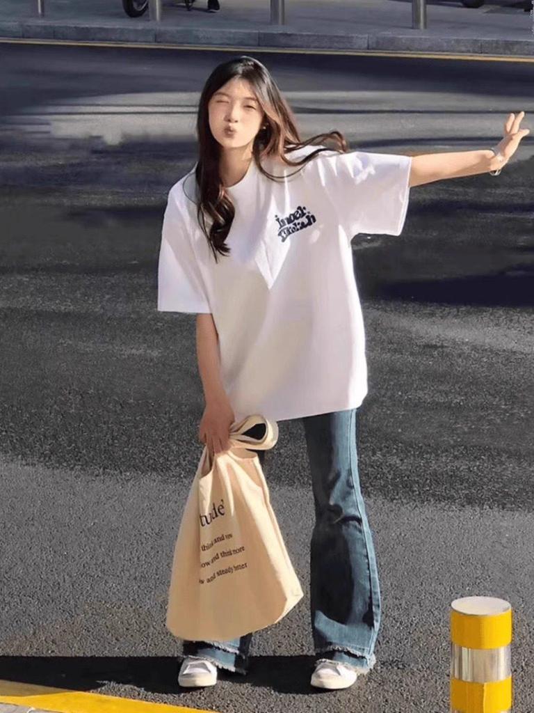 Women's Plus Size Retro White Cotton Loose Short Sleeve T-shirt - High Street Style