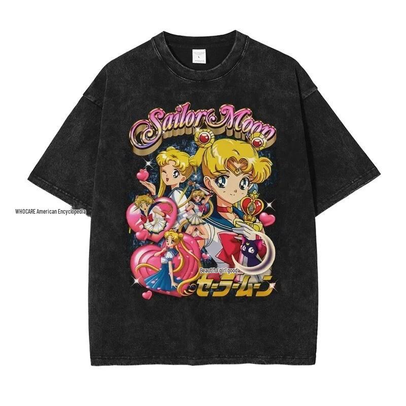 

WHO CARE Ретро Футболка Сейлор Мун Усаги Цукино - Уличный стиль, Сладкая или Соленая Винтажная с коротким рукавом. M промывают черный