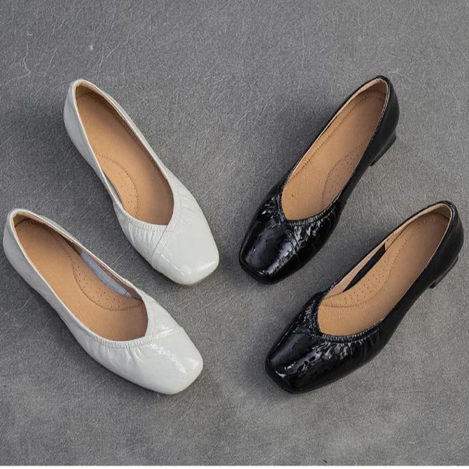 Johnature Square Toe Office Lady Pumps Genuine Leather Fashion Thick Heeled Slip-on Women's Shoes