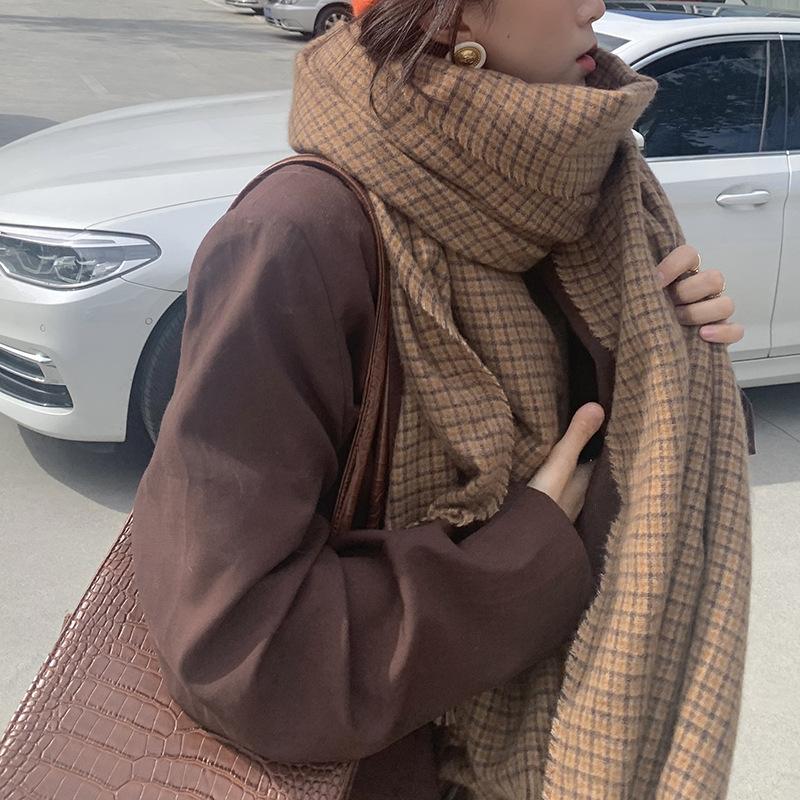 Winter Trendy Dual Purpose Scarf for Women Ins Korean Style Versatile Warm Small Plaid Imitation Cashmere Soft Large Shawl Wide Scarf