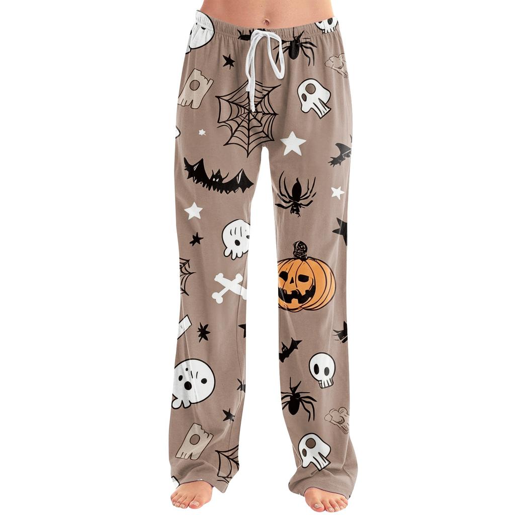 Women's Drawstring Waist Halloween Printed Long Pants Relaxed Fit Casual Trousers with Festive Pumpkin Bat Pattern