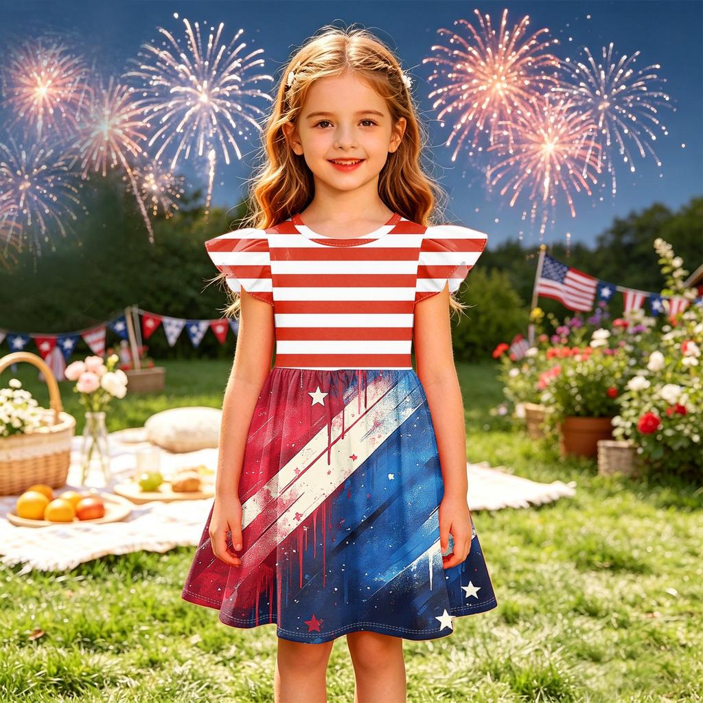 Girls' Summer Princess Dress - A-Line T-Shirt Dress Independence Day