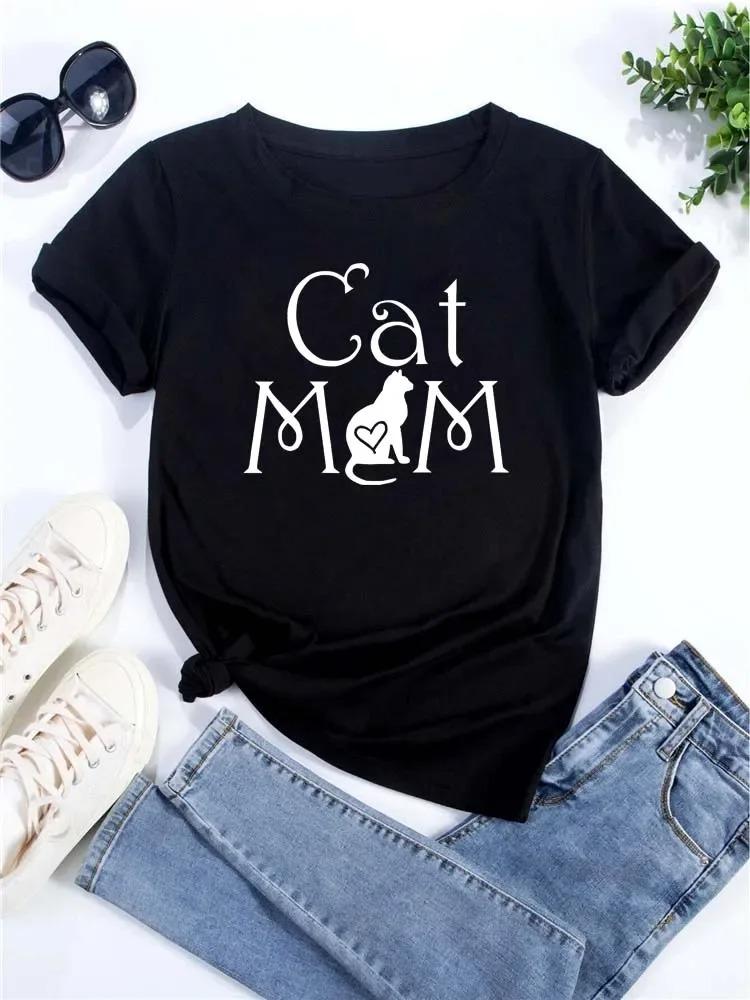 New Cute Love Heart Cat Print Women T-Shirt Casual Short Sleeve Top Summer Women's Clothing Cartoon Streetwear Y2k Clothes