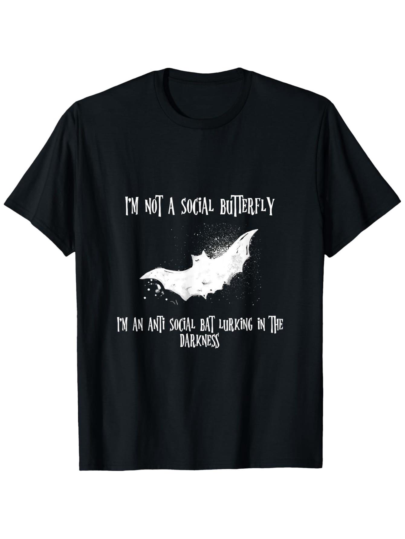 MenS Gothic Vampire Bat TShirt AntiSocial Emo Graphic Tee with Im Not a Social Butterfly Slogan Heavyweight 180gsm Cotton M