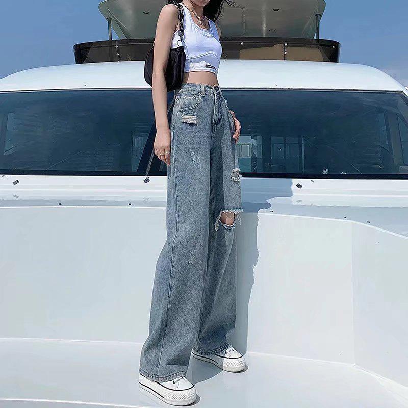 2023 Women's High Waist Straight-Leg Ripped Jeans for Spring & Autumn