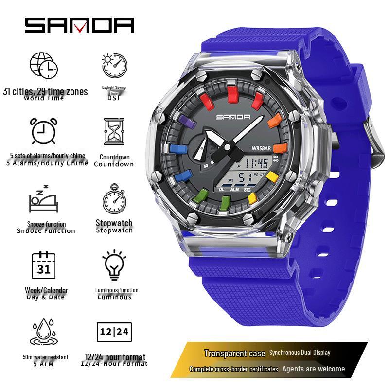 Sanda Octagonal Transparent Multifunctional Waterproof Unisex Wristwatch