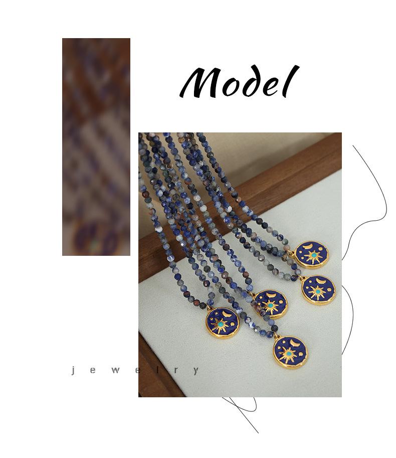 European-American Niche: Blue Spirit Grey Natural Stone Handmade Necklace with Starry Sky Glaze Angel Pendant in Gold-Plated Titanium Steel.