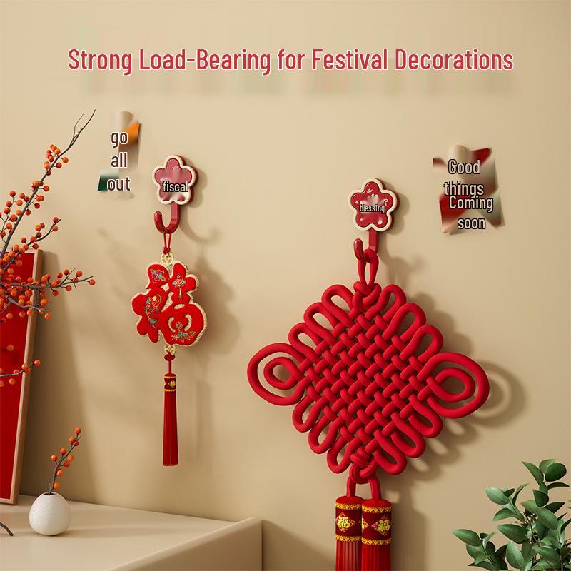 Red Festive New Year Wealth & Prosperity Adhesive Door Hook for Housewarming, No-Drill Installation
