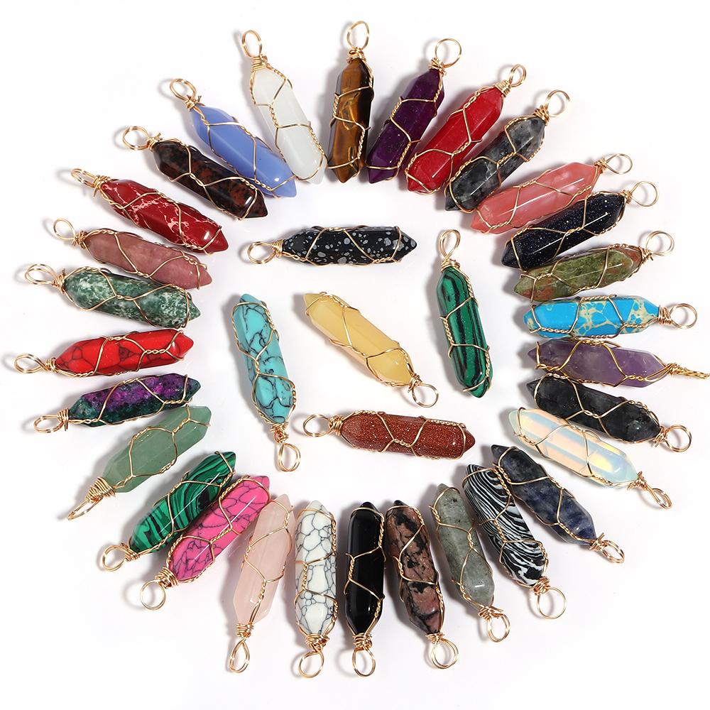1 Pc Natural Stone Charms 40mm Color Bullet Shaped Handmade Gold Wire Pendants for DIY Necklace Gifts Jewelry Making Accessories