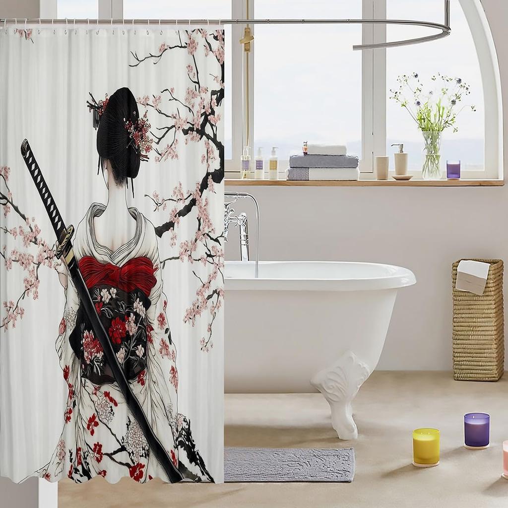 Boys Girls Japan Style Shower Curtain Japanese Geisha Bath Curtain Cherry Blossoms Bathroom Accessories Kids Teens