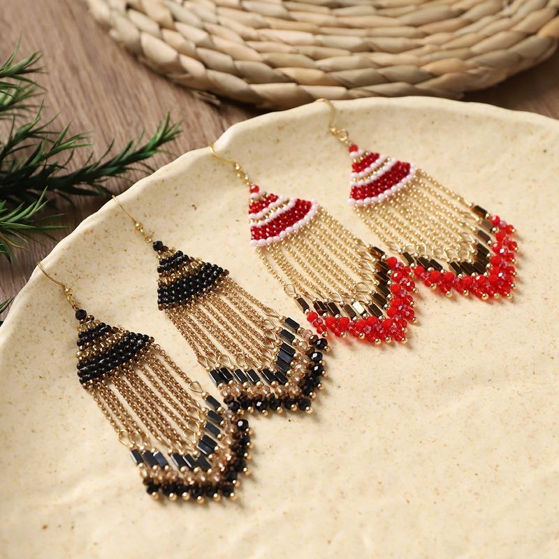 Niche design crystal rice bead fringed earrings retro high-end long bohemian earrings for women