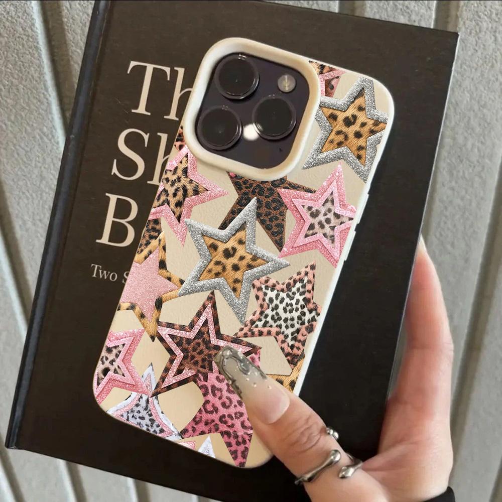 HOT Trendy Leopard Print Stars Lichee Leather Pattern Phone Case For iPhone 17 16e 16 15 14 13 12 11 Air Pro Max Plus X XR XSMax
