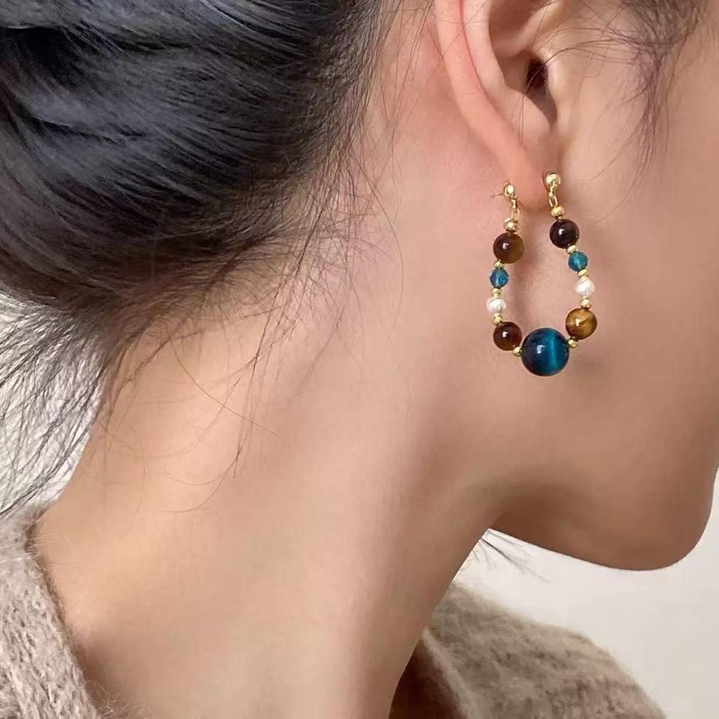 Luxurious Retro Tiger Eye & Blue Pearl Stud Earrings for Women