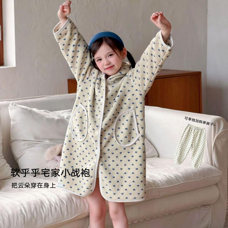 Kids Winter Warm Pajama Set Girls Boys Soft Plush Sleepwear With Hooded Robe Pants A-Class Safe Toddler Home Outfit