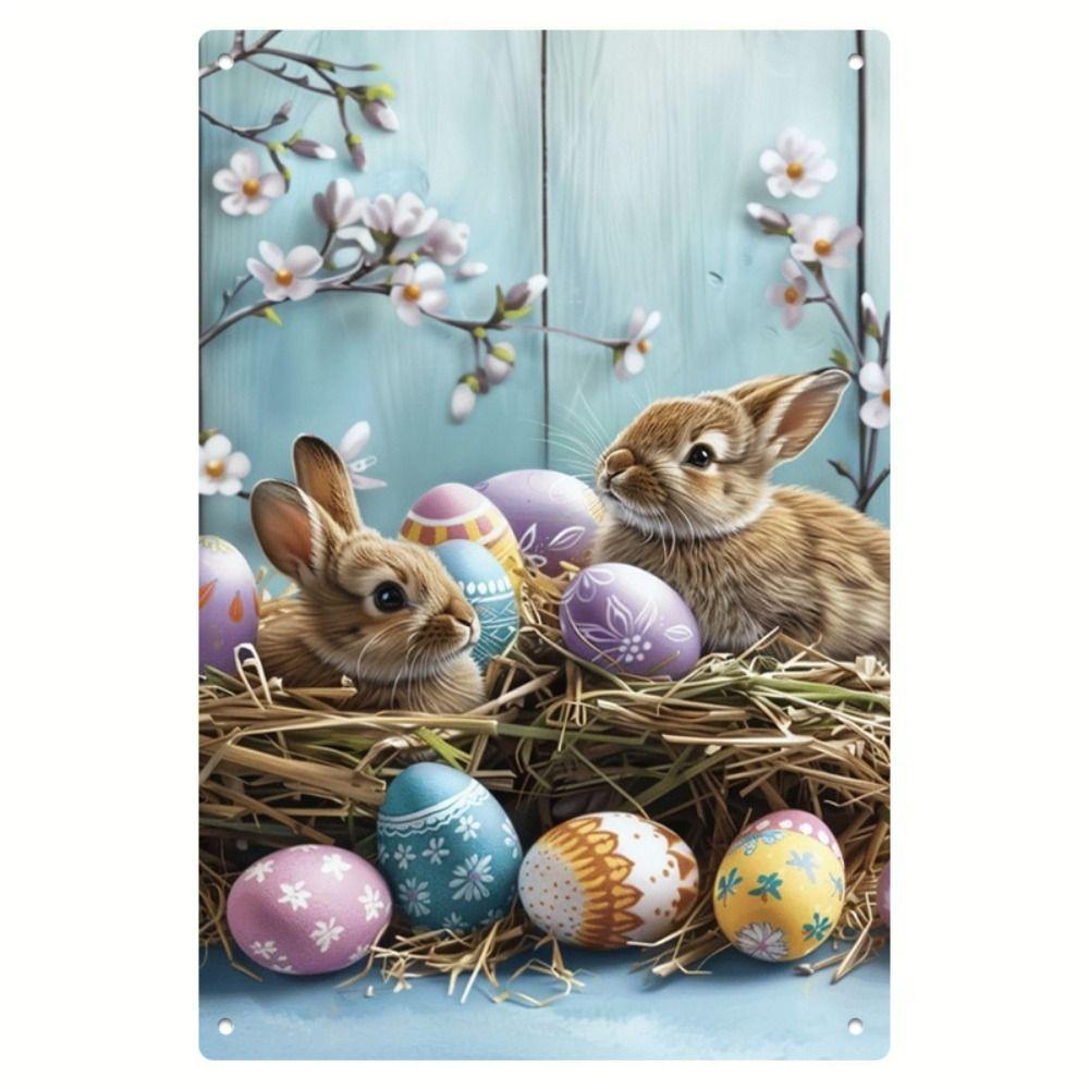 Tin Sign Retro Easter Rabbit Floral Wall Art Home Holiday Decor Metal Poster
