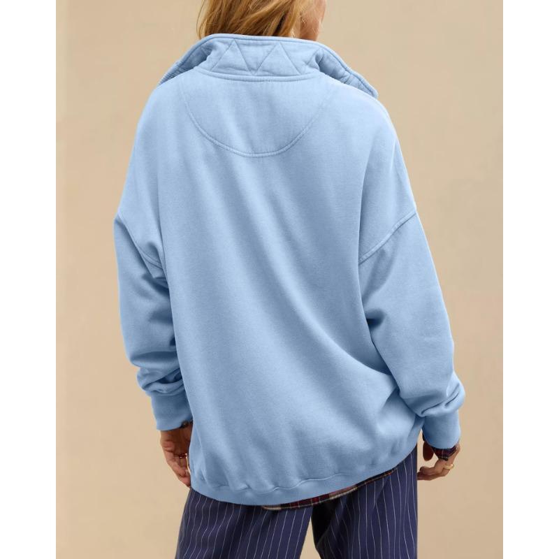 Womens Loose Half Button Collar Long Sleeve Casual Sweatshirt