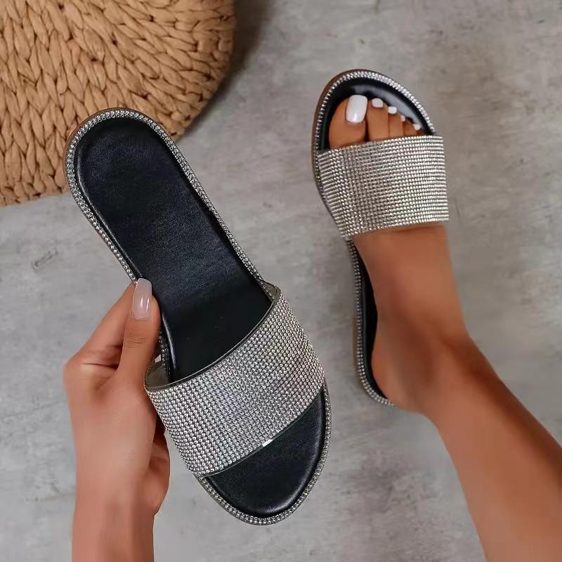 Fashion 2025 Summer Crystal Slippers Women's Sequin Cloth Fashion Flat Sandals Round Toe Shiny Luxurious Comfortable Sandals for Women