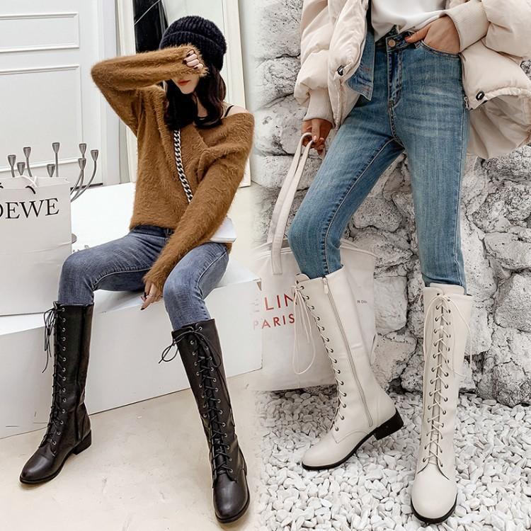 

Осень и зима европейские и американские рыцарские сапоги новые одинарные сапоги высокие женские сапоги низкий каблук мягкая кожа шнуровка полусапоги толстый каблук женские 45 Customized non-return чёрный