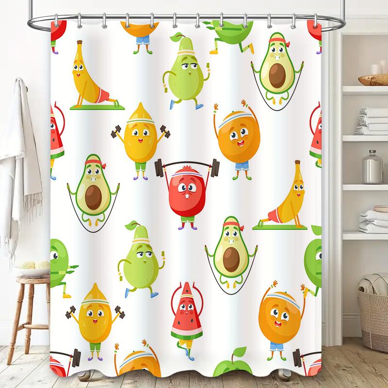 Adorable Cartoon Fruits Workout Bath Mat Shower Curtain for Kids Bathroom Decor this title highlights the cute cartoon fruit the