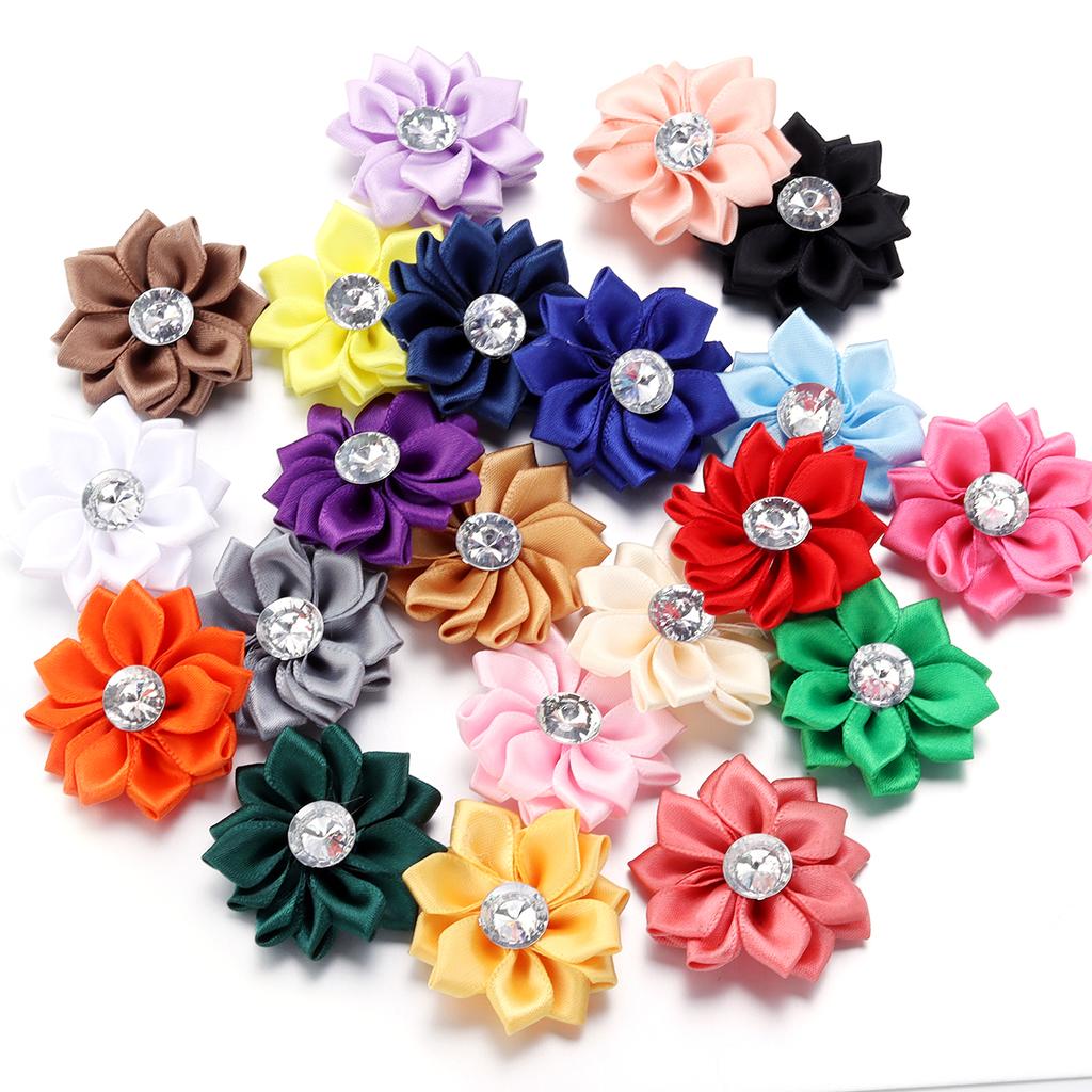 20pcs 4cm Mini Satin Ribbon Flowers Colorful Rhinestone Handmade Flowers For DIY Clothing Sewing Headwear Decoration Accessories
