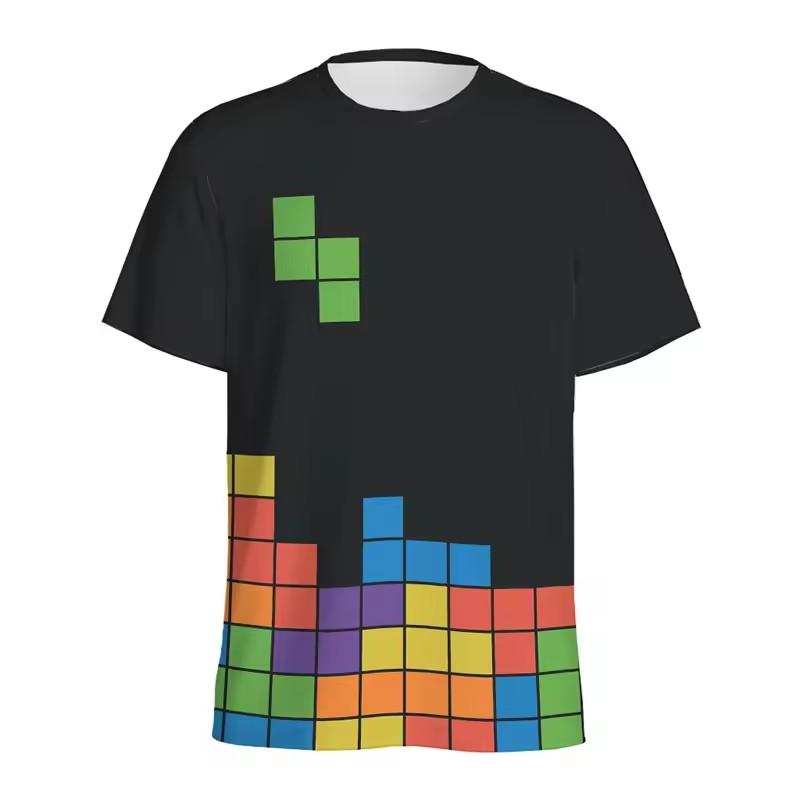 Retro Building Block 3D Printed T Shirt Men Jigsaw Puzzle Video Games Pattern T-Shirt Loose Street Short Sleeves Y2k Tee Shirts