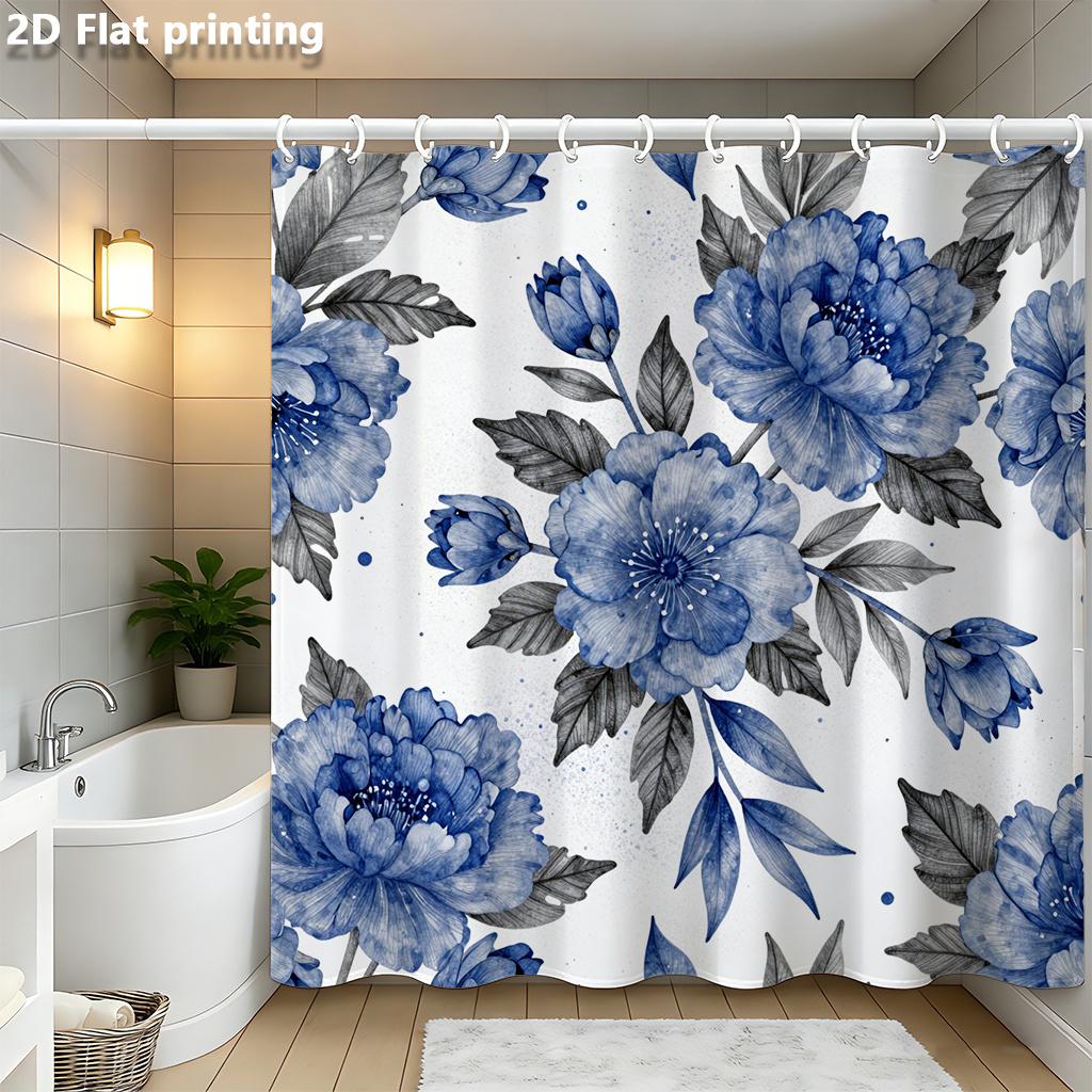 

Watercolor Blue Peony Shower Curtain 1Pc Polyester 2D Flat Print 70.8X70.8 Inch Grey Leaves On Ivory Background Bathroom Decor W60H190(CM)-1 Pcs