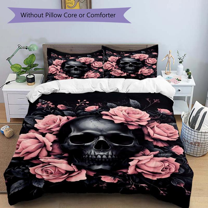 3pcs Skull In Bloom Bedding Set - 1 Soft Quilt Cover + 2 Pillowcases, Machine Washable - Suitable for All Seasons, Perfect Gift for Family and Fr