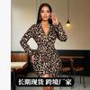 Women Pink Leopard Print V Neck Long Sleeve Ruched Bodycon Mini Dress